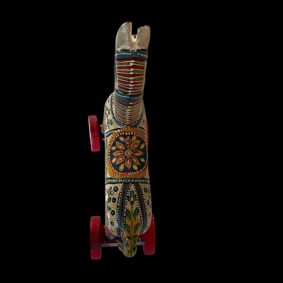 Vintage Large Folk Art Hand-Carved and Hand Painted Wooden Horse on Wheels 13.5H - Picture 14 of 15